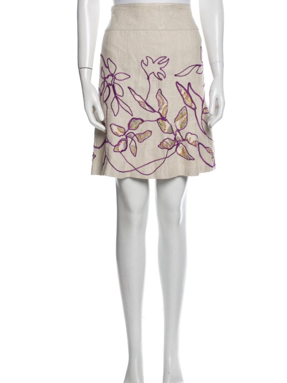 Share Etro Milano Linen Skirt Beige Purple Embroidered Paisley Floral 100% Flax